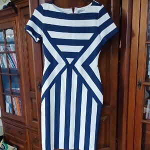 Maeve Blue and White Geometric Midi Dress